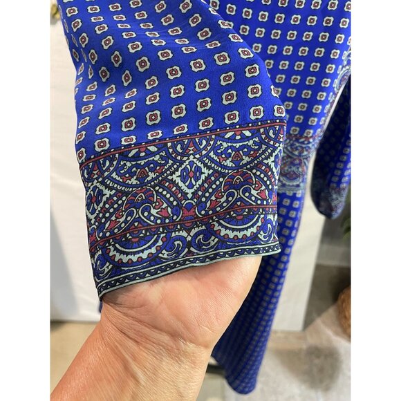 Vintage-Inspired Blue Silk Dress With Paisley &Geometric Print 3/4 Sleeves Sz XS - Picture 7 of 16